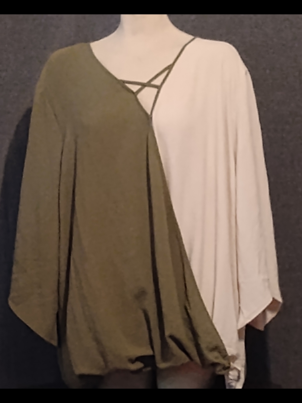 Cato Olive Green and Cream Colorblock  V-Neck Blouse